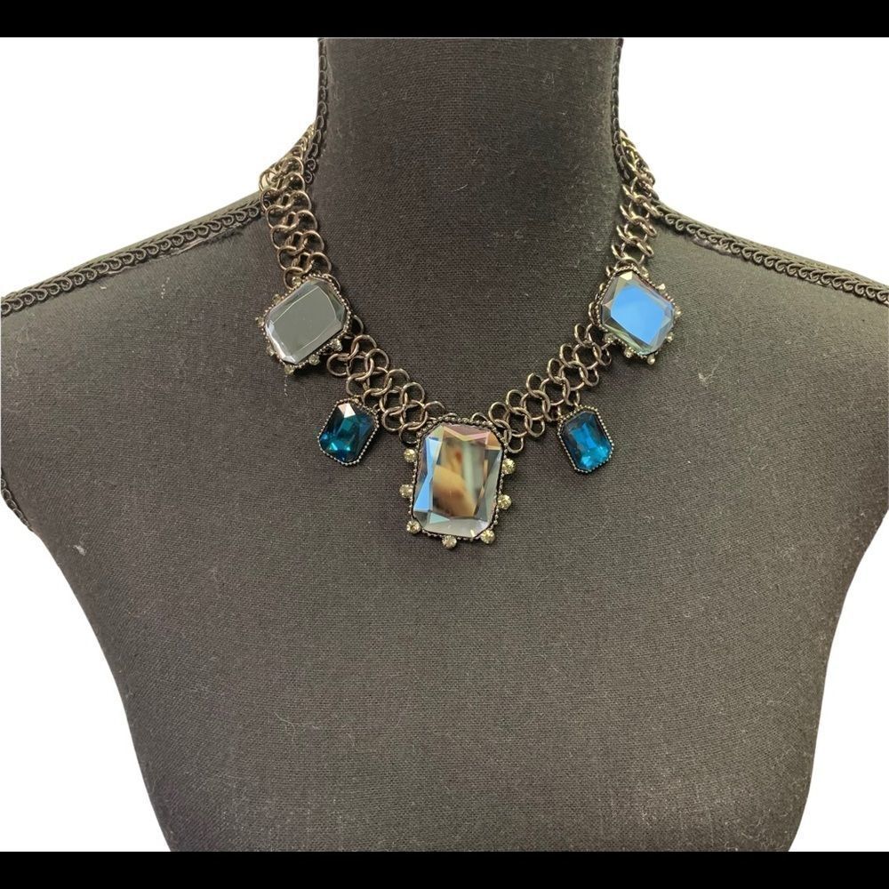 Teal aqua blue charcoal gray gem Jewell embellished chain necklace